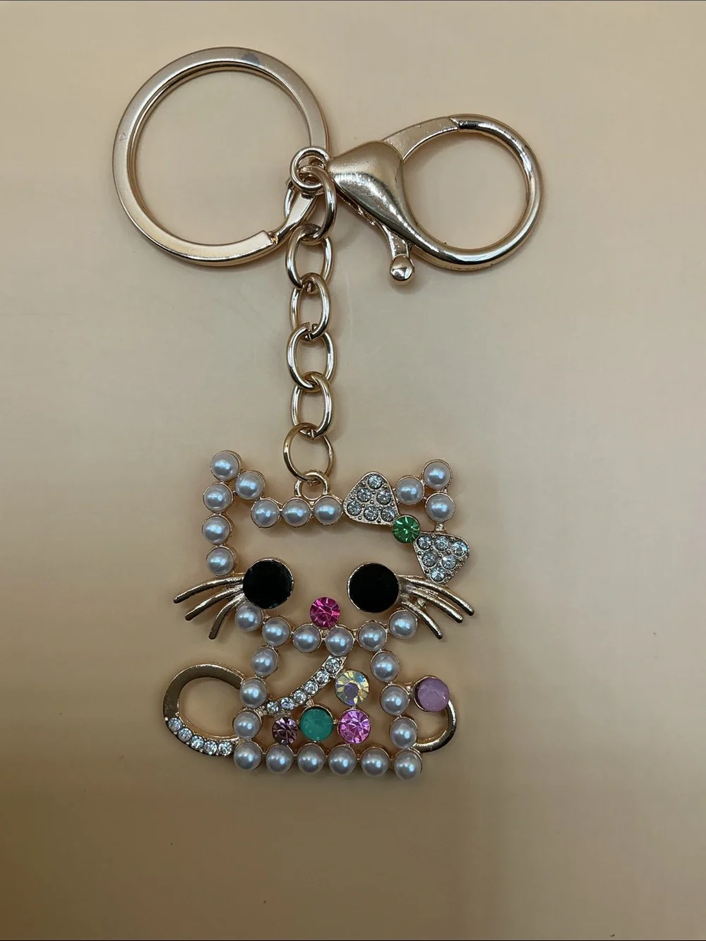 Kitty Cat Sparkly Rhinestone-Faux Pearl Keychain/Bag Charm